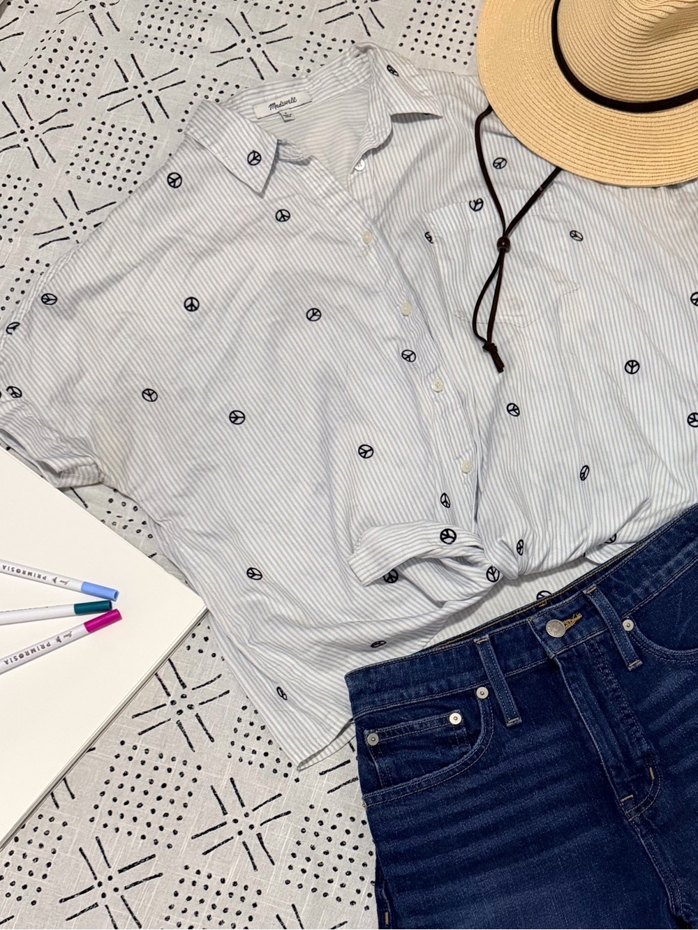 Madewell White and Navy Striped Button-Down Shirt with Peace Sign Print